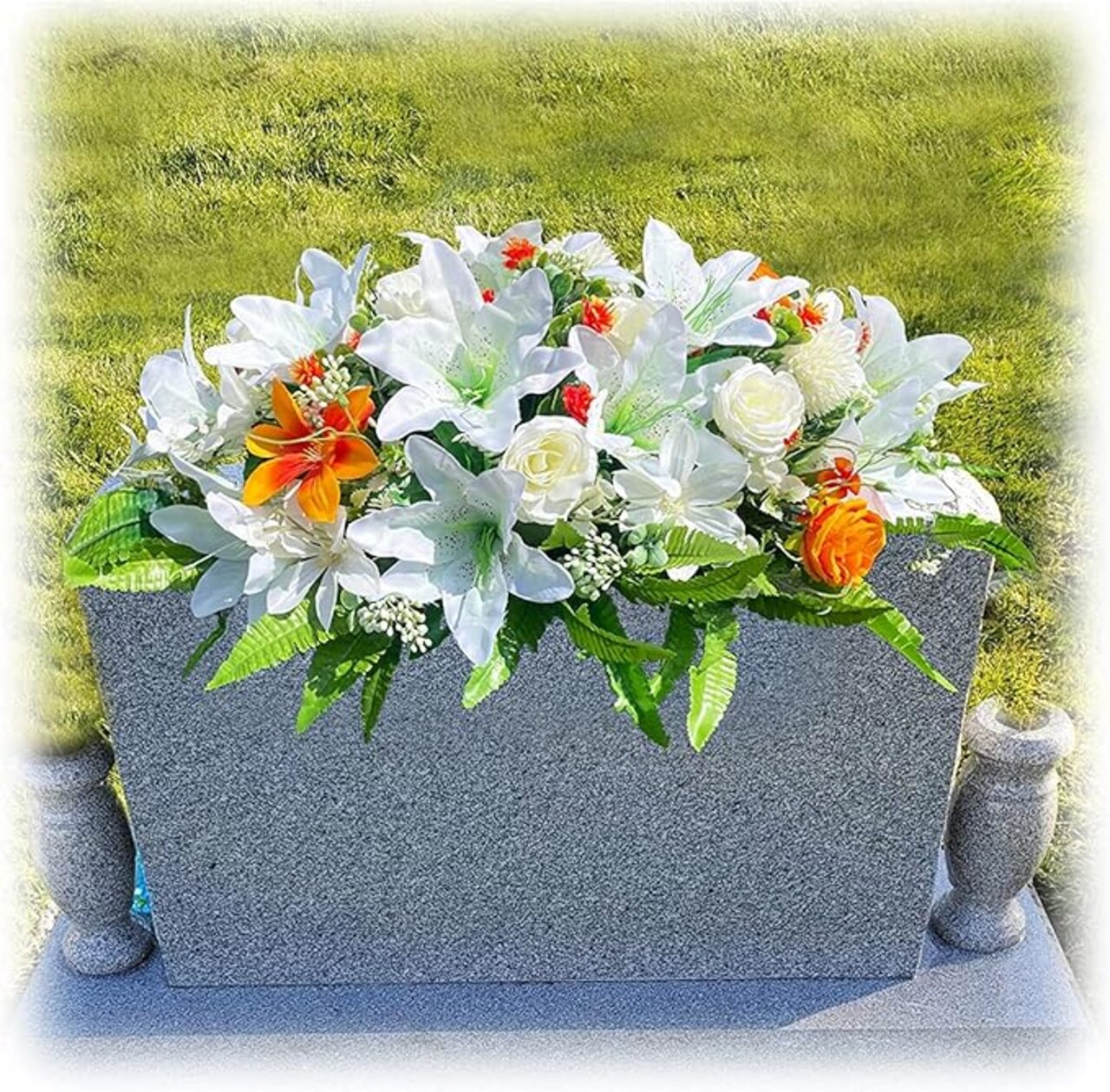 Headstone Flower Saddle, Silks Artificial Cemetery Flowers for Grave-Realistic White Lily & Rose Flower Arrangement for Outdoor Memorial Decorations, Large & Easy Fit